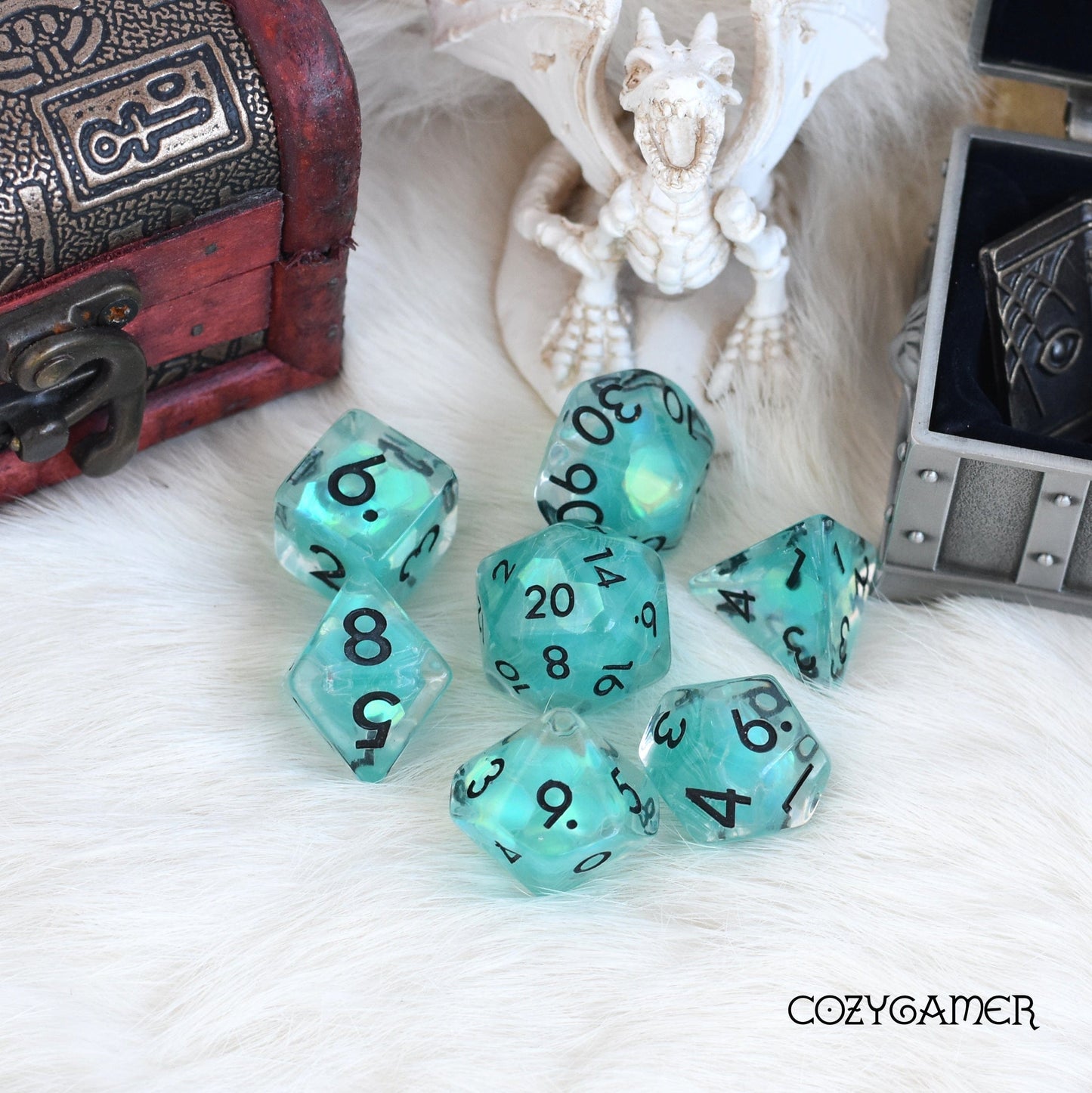 Ocean Glint Dice Set. Clear Resin with Blue Glitter