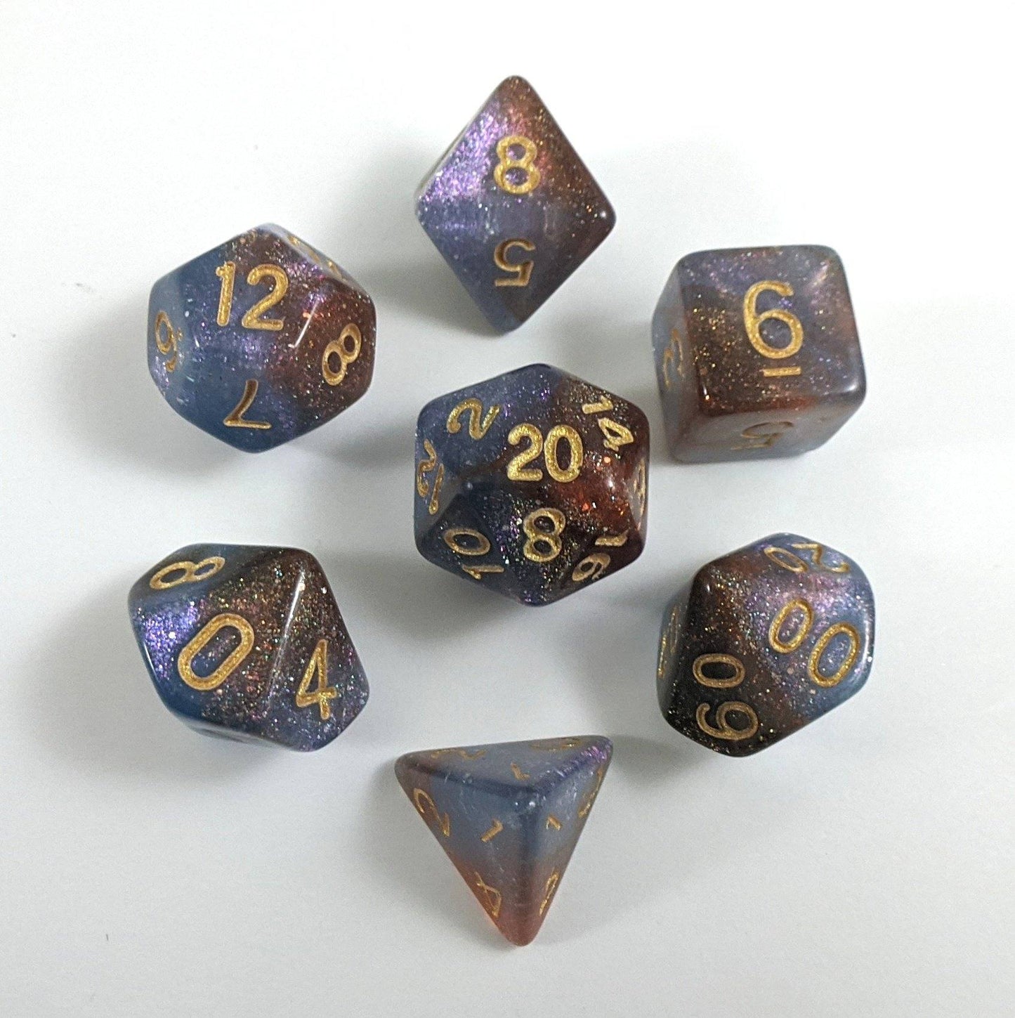 Orion Nebula Dice Set, lavender purple and maroon marbled with micro shimmer, 7-piece polyhedral set for Dungeons and Dragons TTRPG.