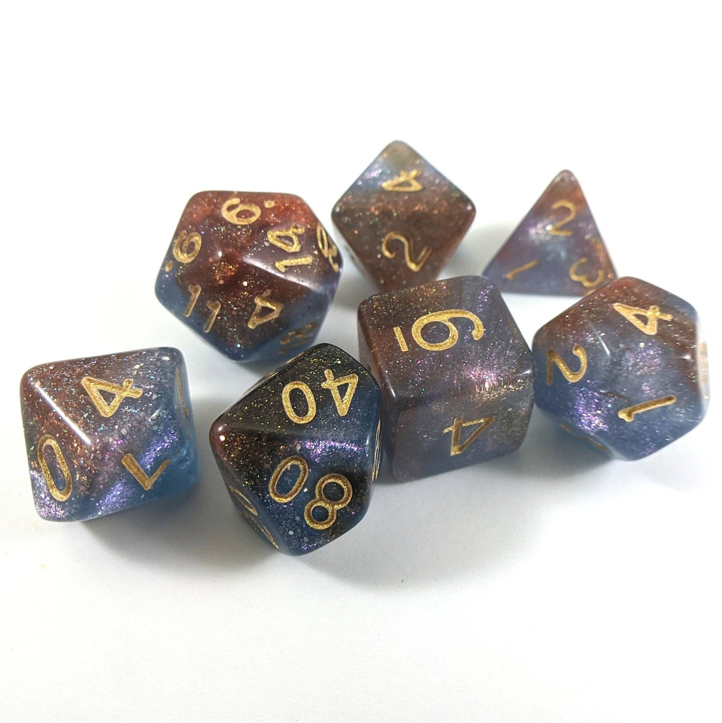 Orion Nebula Dice Set. Lavender Purple and Maroon Marbled Micro Shimmer Dice sets Fennek and Finch