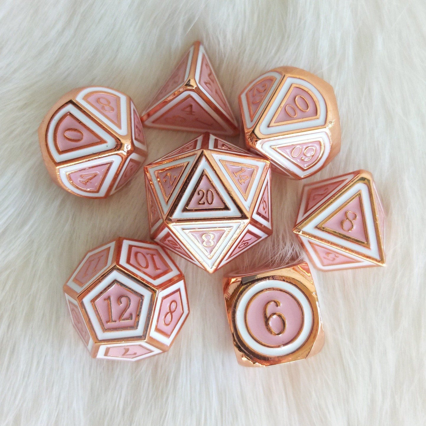 Ostara Metal Dice Set. Copper Plated Pink and White - CozyGamer