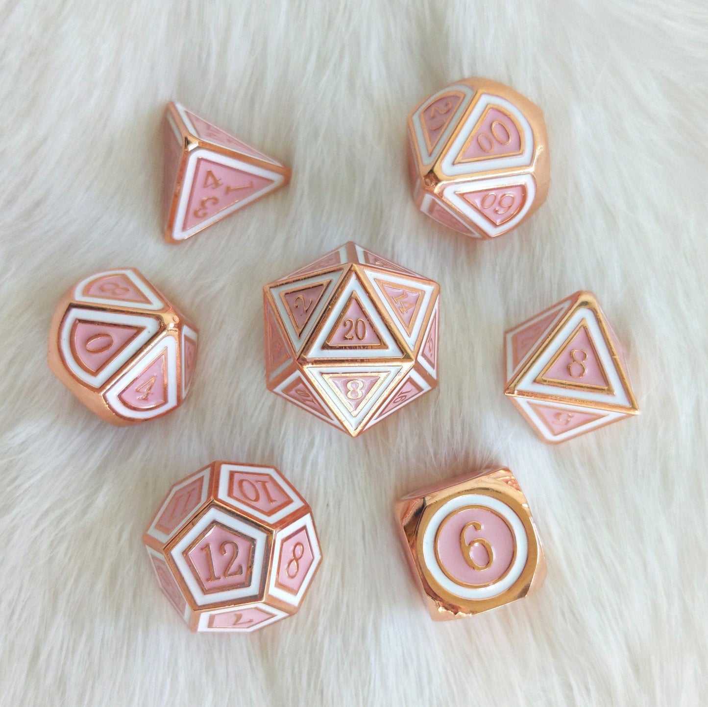 Ostara Metal Dice Set. Copper Plated Pink and White - CozyGamer