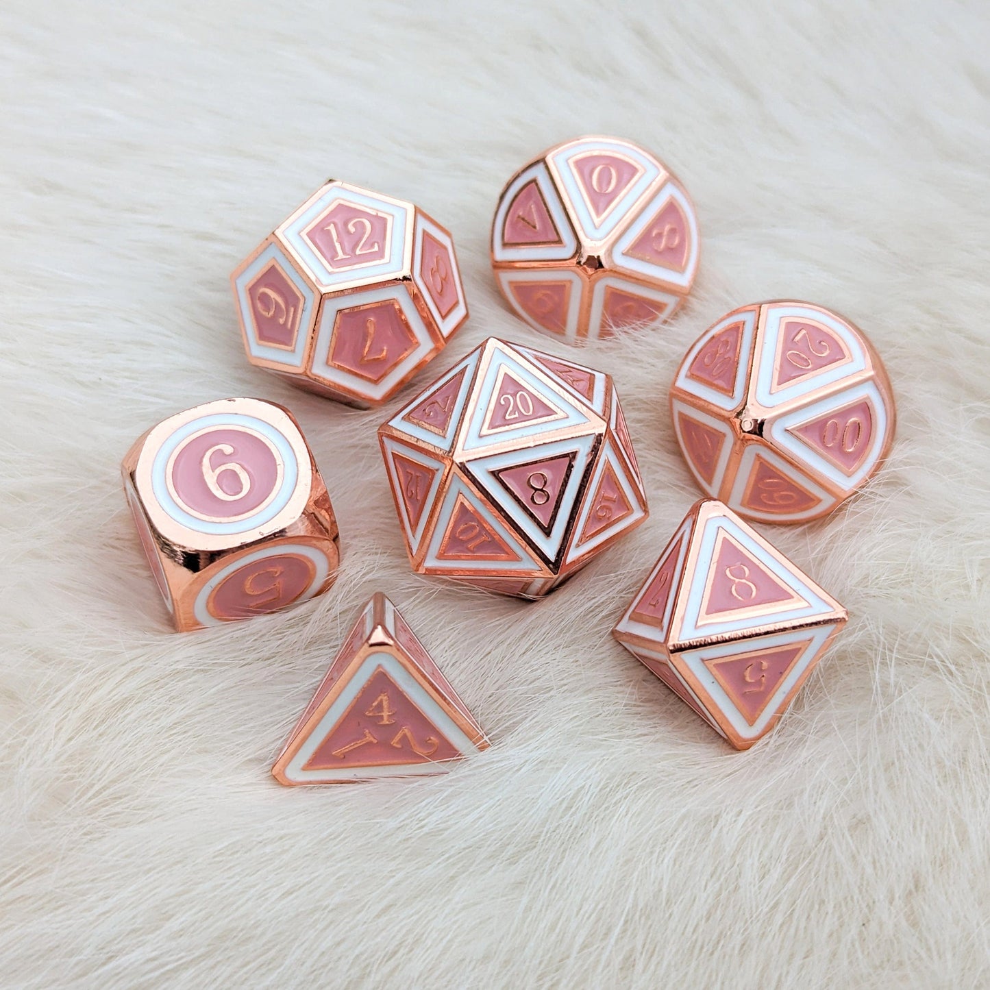 Ostara Metal Dice Set. Copper Plated Pink and White