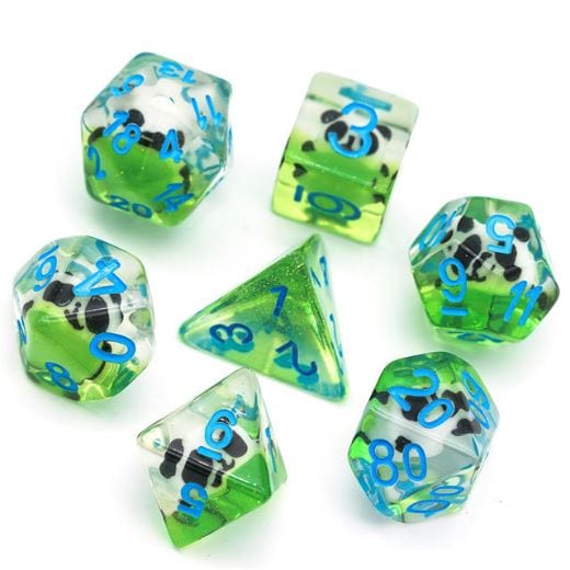 Panda Dice Set. Tiny black and white Pandas sitting on green