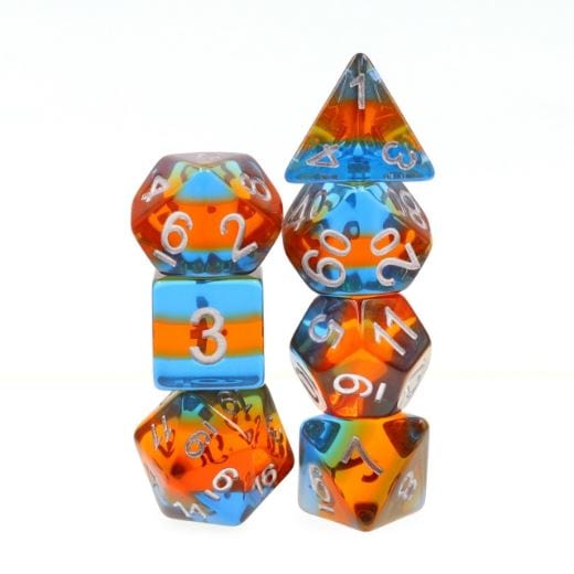 Parallel Universes polyhedral dice set, layered blue, orange, and green, for tabletop RPGs like Dungeons and Dragons.