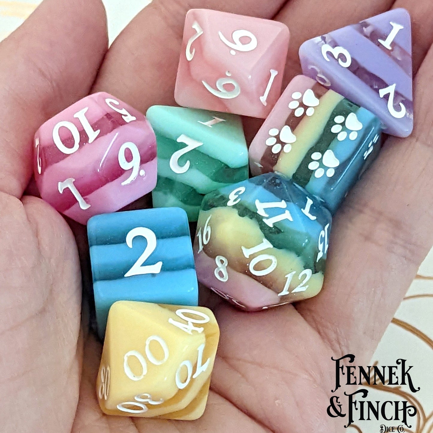 Pastel Rainbow Stripe Dice Set. Fennek and Finch
