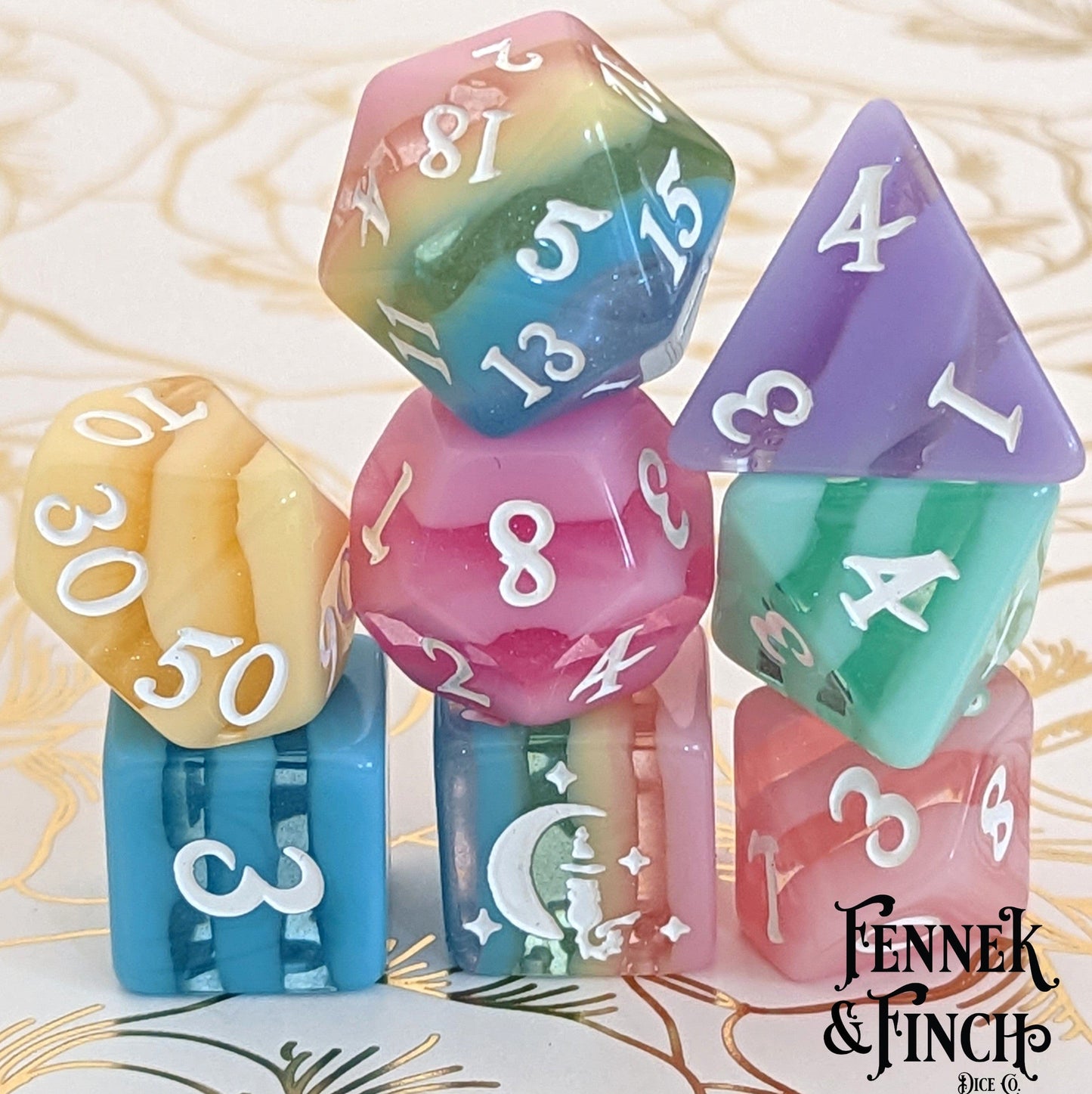 Pastel Rainbow Stripe Dice Set. Fennek and Finch