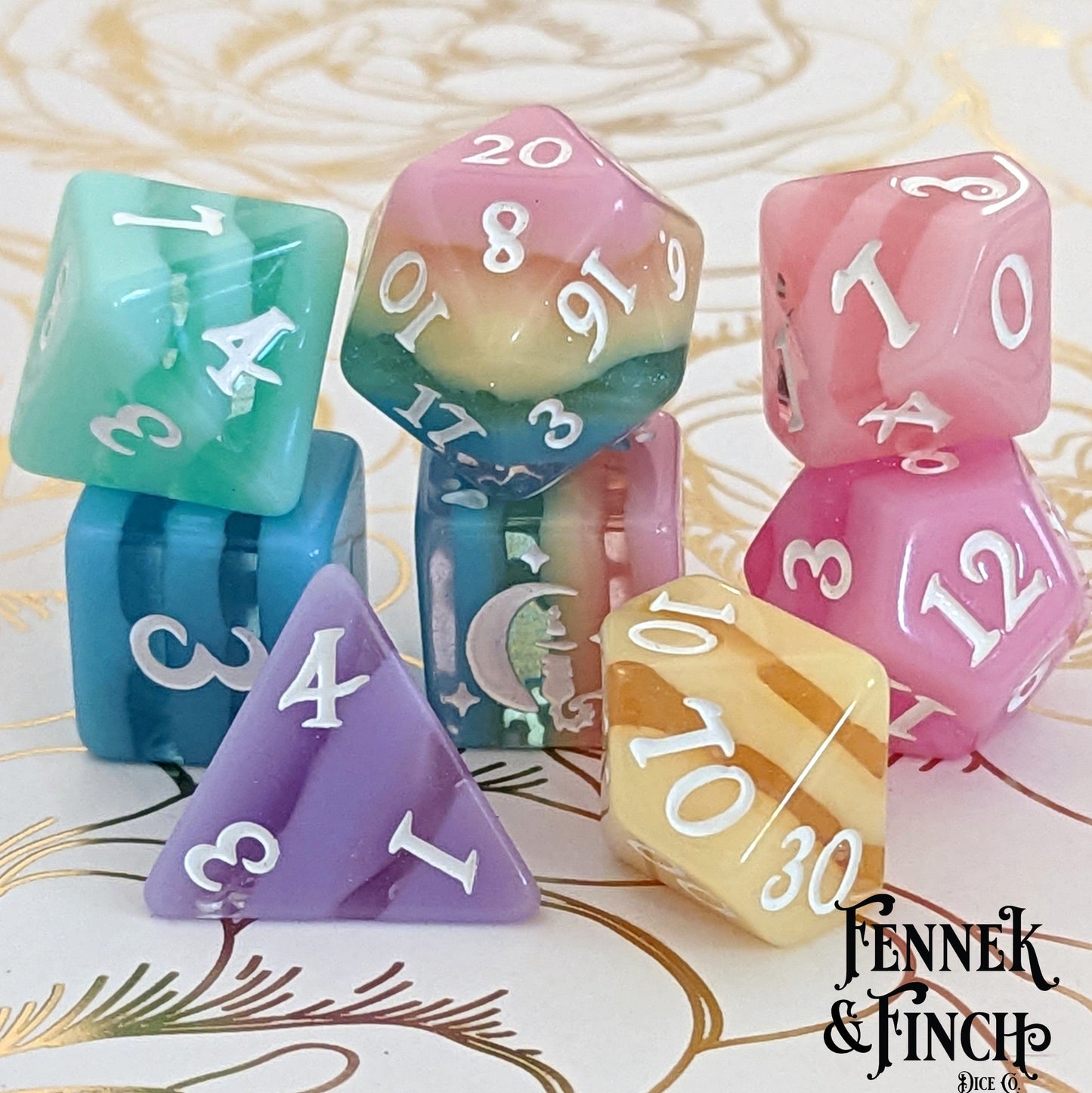 Pastel Rainbow Stripe Dice Set. Fennek and Finch