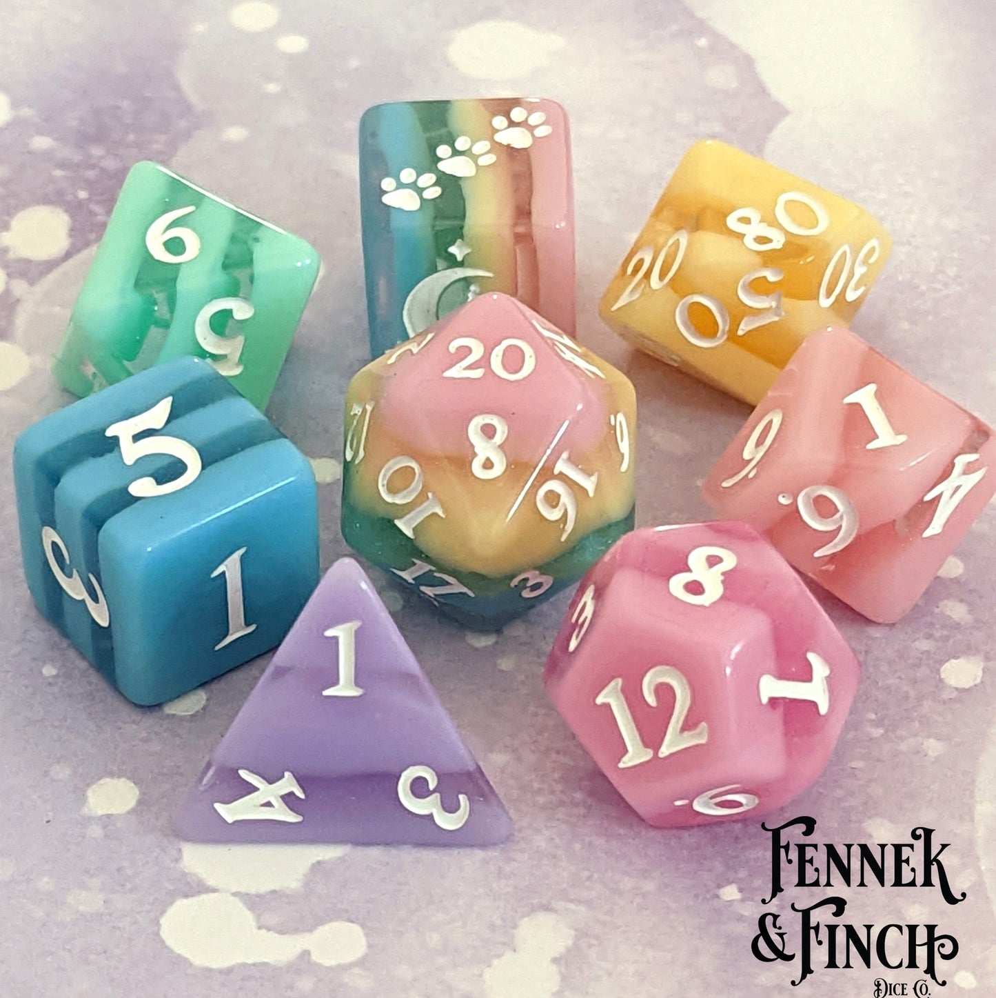 Pastel Rainbow Stripe Dice Set. Fennek and Finch