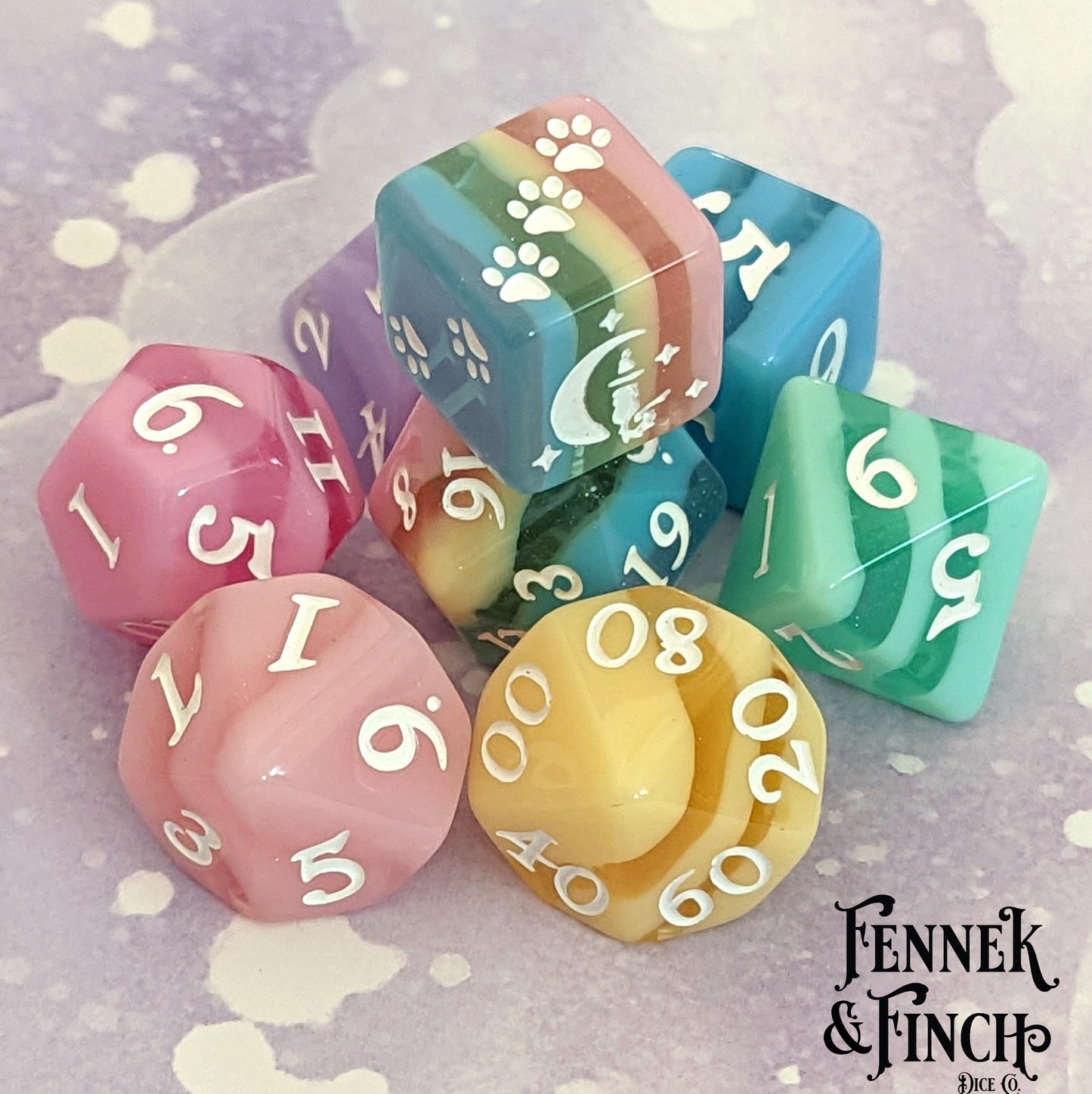 Pastel Rainbow Stripe Dice Set. Fennek and Finch