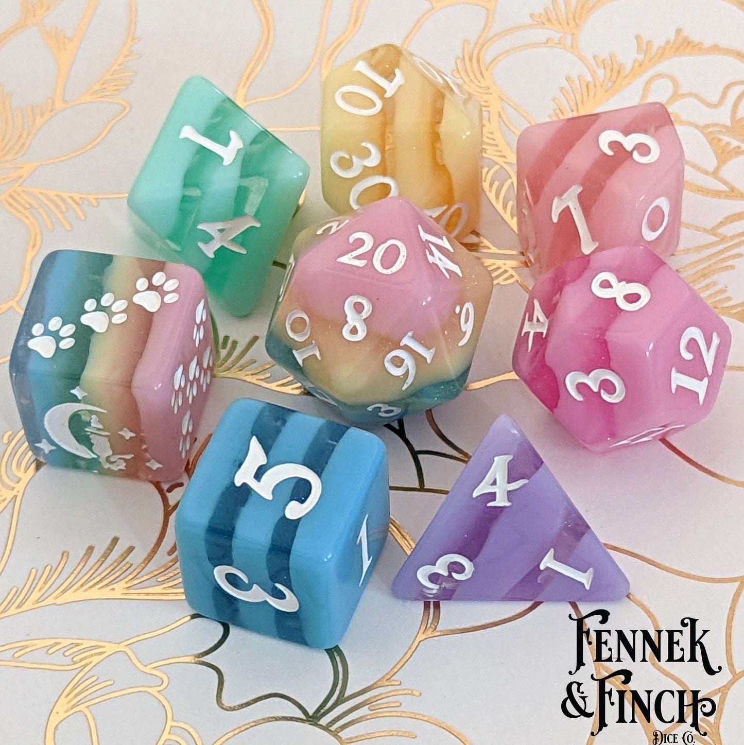 Pastel Rainbow Stripe Dice Set. Fennek and Finch