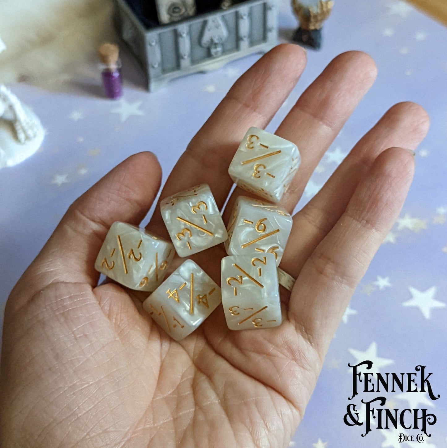 Pearly Gates D6 Negative Counter Dice Set – 6 - Piece Pearly White Dice - Fennek and Finch