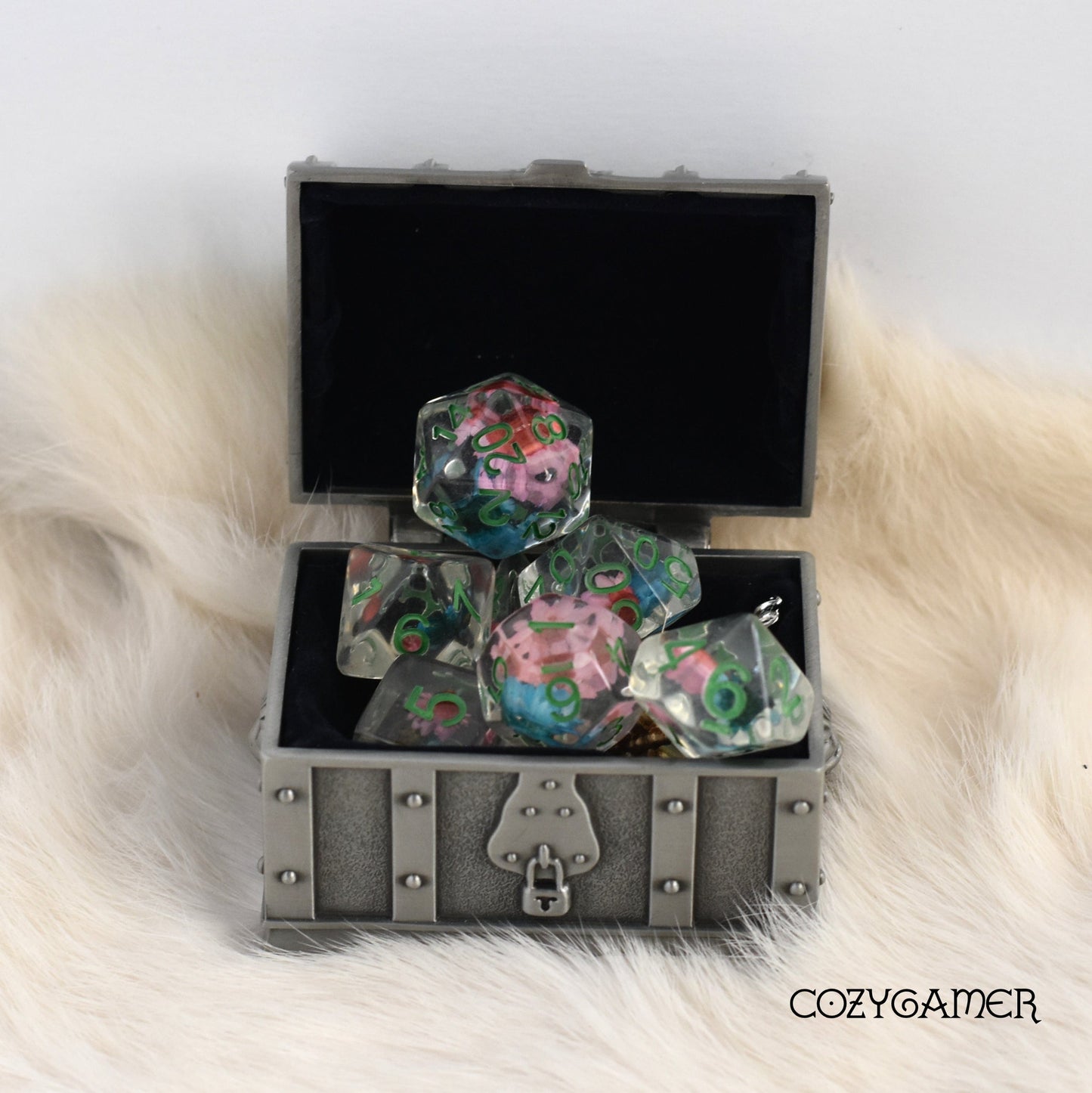 Pink and Blue Dried Flowers Dice Set with Green Font Dice Sets & Games Fennek and Finch