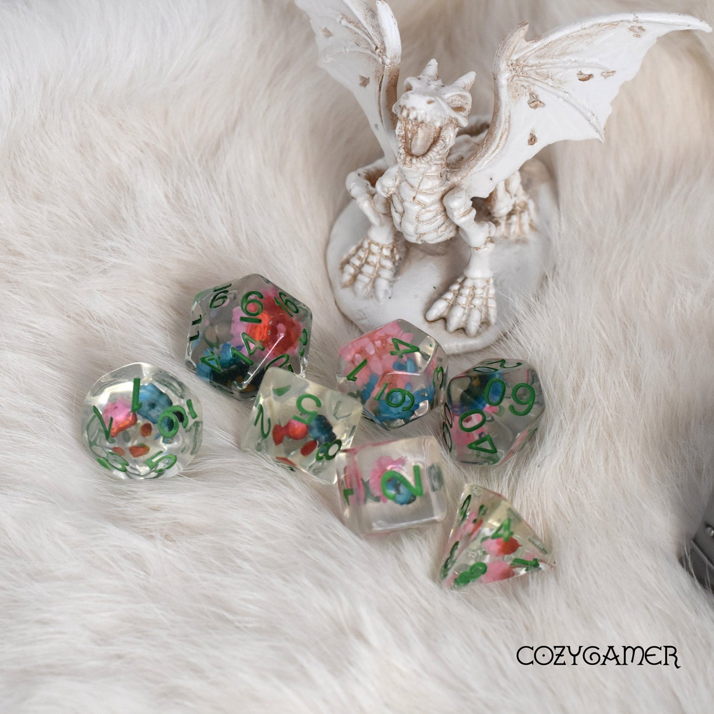 Pink and Blue Dried Flowers Dice Set with Green Font Dice Sets & Games Fennek and Finch