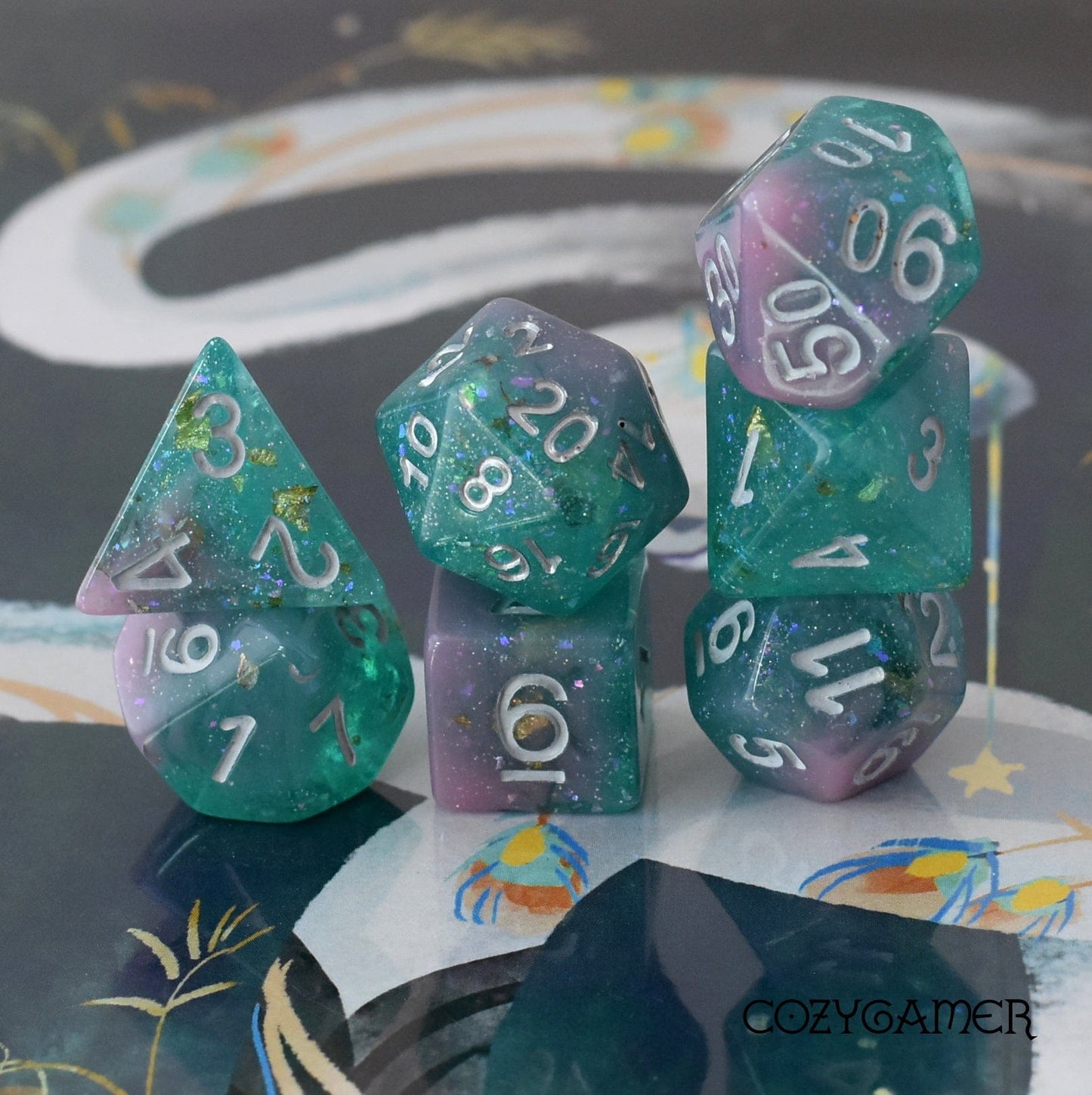 Pink and Green Seabed Treasure Dice Set. Opaque and Clear Marbled with Foil and Glitter