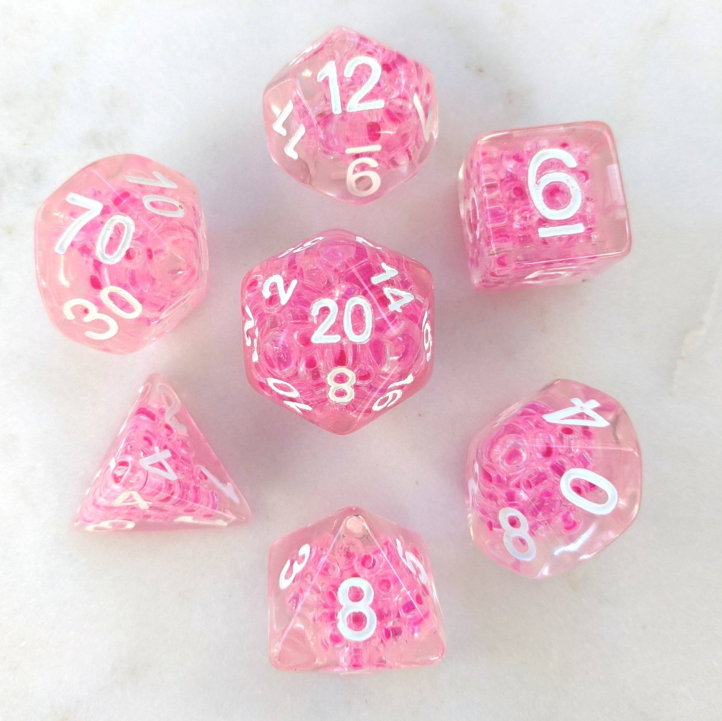 Pink Bead Dice Set. Clear Resin with Small Pink Beads Dice Sets & Games Fennek and Finch
