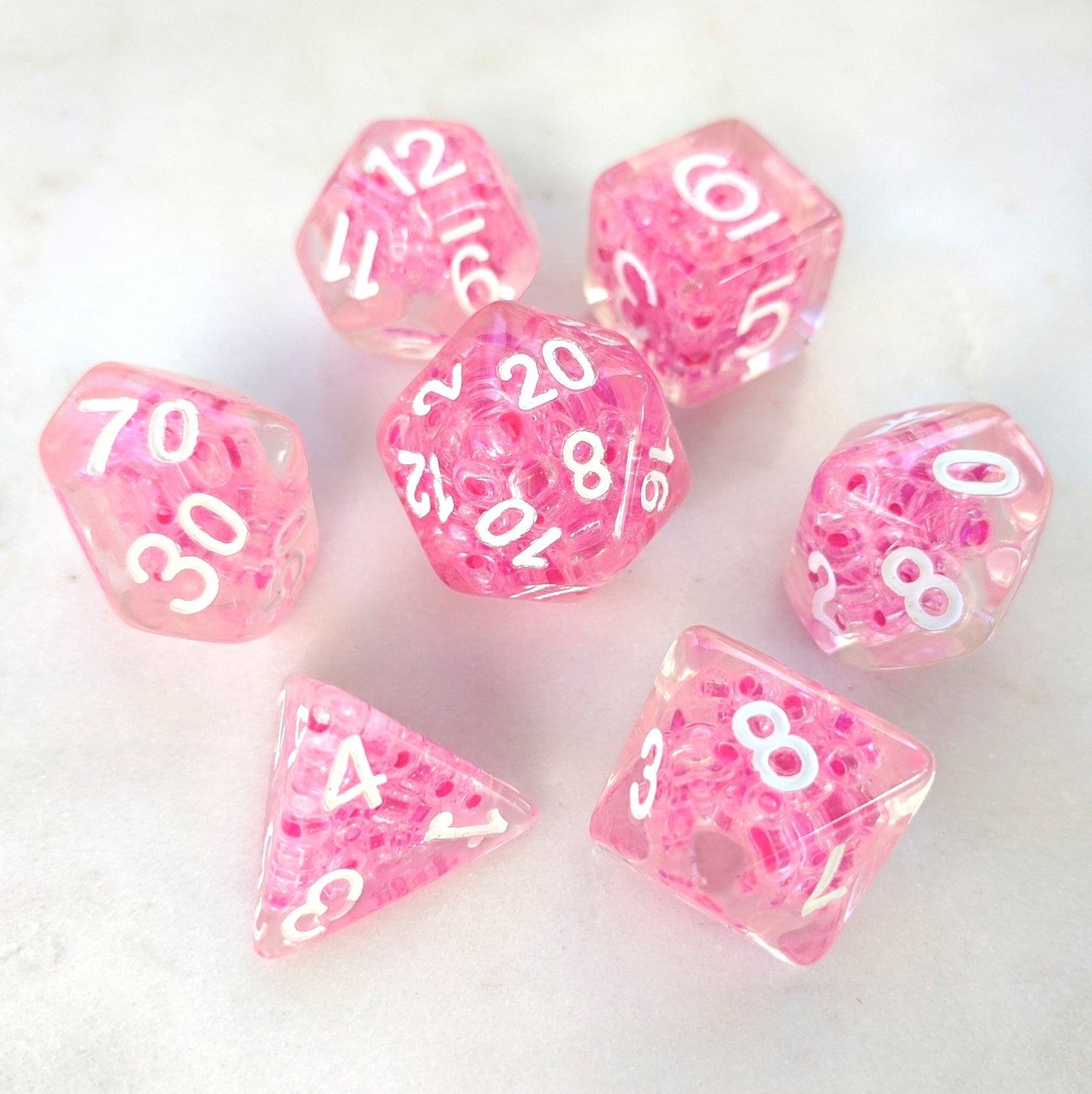 Pink Bead Dice Set. Clear Resin with Small Pink Beads Dice Sets & Games Fennek and Finch