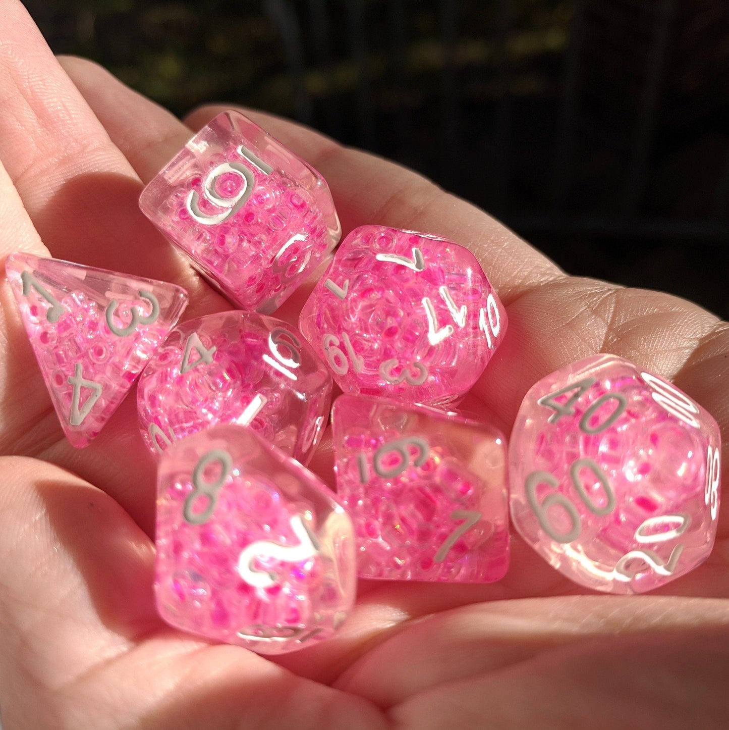 Pink Bead Dice Set. Clear Resin with Small Pink Beads Dice Sets & Games Fennek and Finch