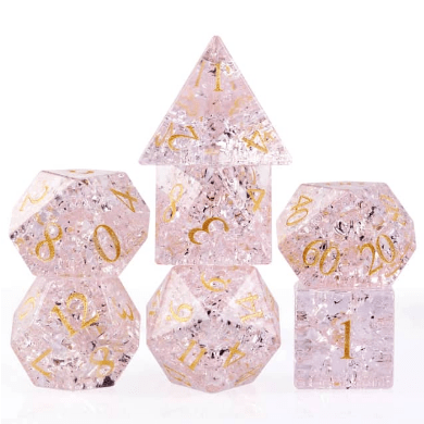 Pink Crackled Glass Dice Set. Real Gemstone (Glass) 7 Piece TTRPG Dice