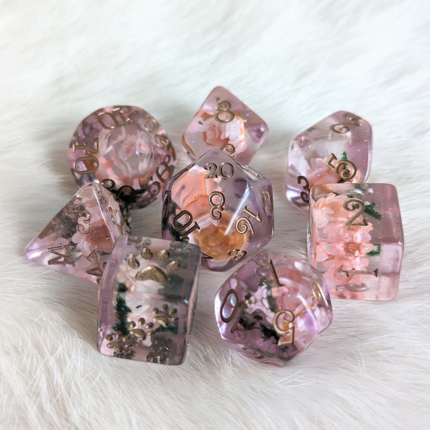 Pink Flower and Moss 8 piece DND dice set Dice sets Fennek and Finch