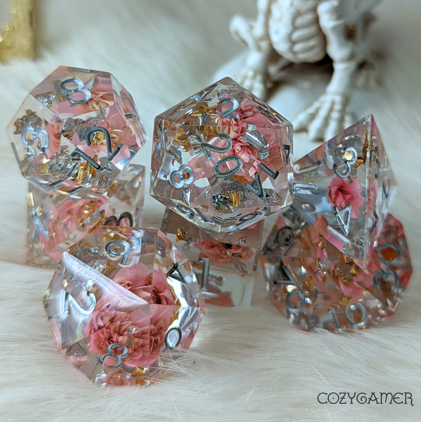 Pink Flower Sharp Edge Resin Dice Set. 7 Piece DND dice set