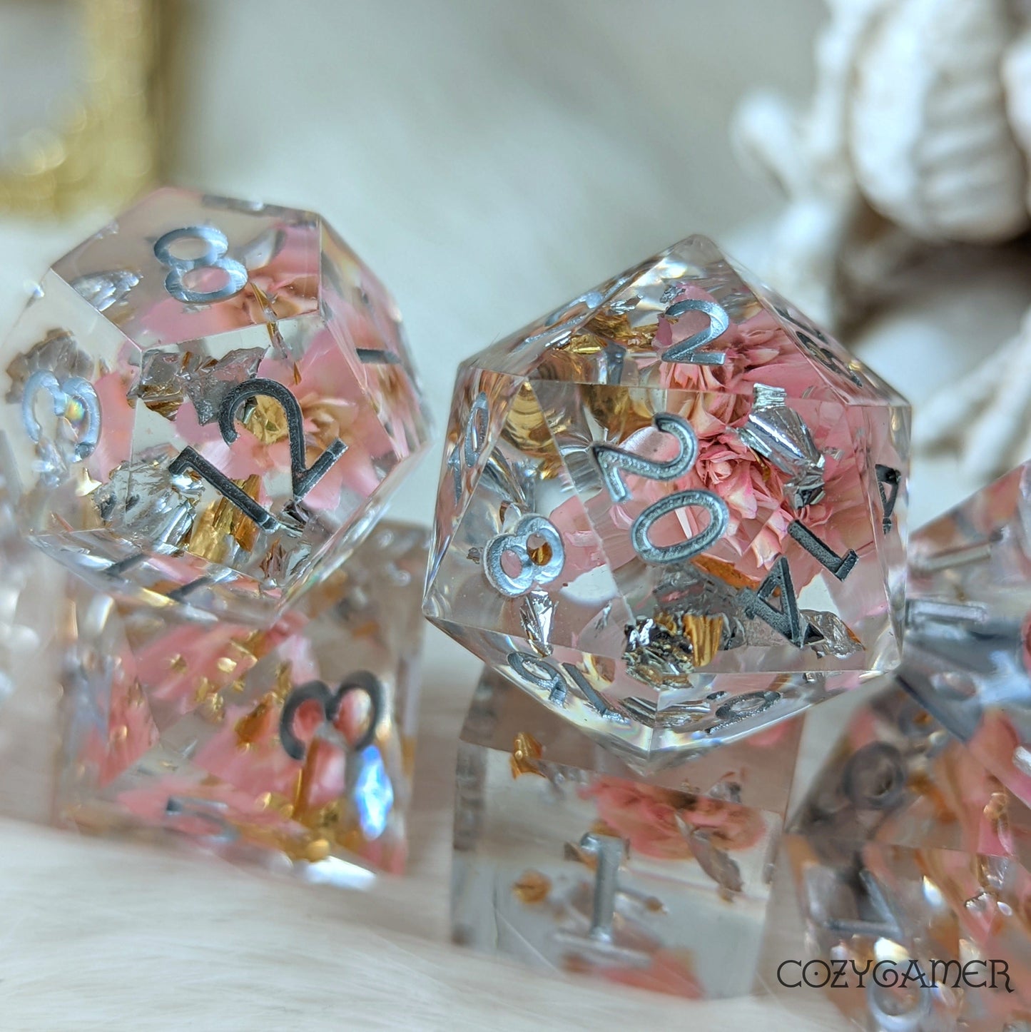 Pink Flower Sharp Edge Resin Dice Set. 7 Piece DND dice set