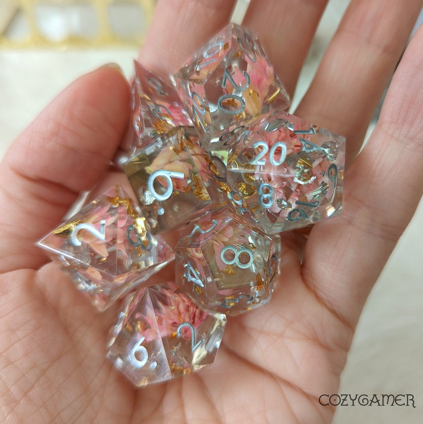 Pink Flower Sharp Edge Resin Dice Set. 7 Piece DND dice set