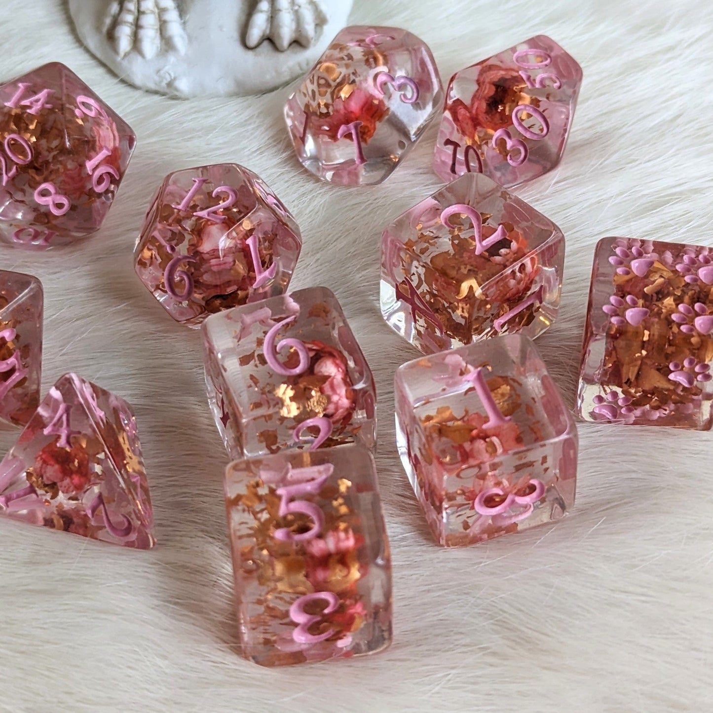 Pink Flowers and Copper 12 and 8 piece DND dice sets Dice sets Fennek and Finch