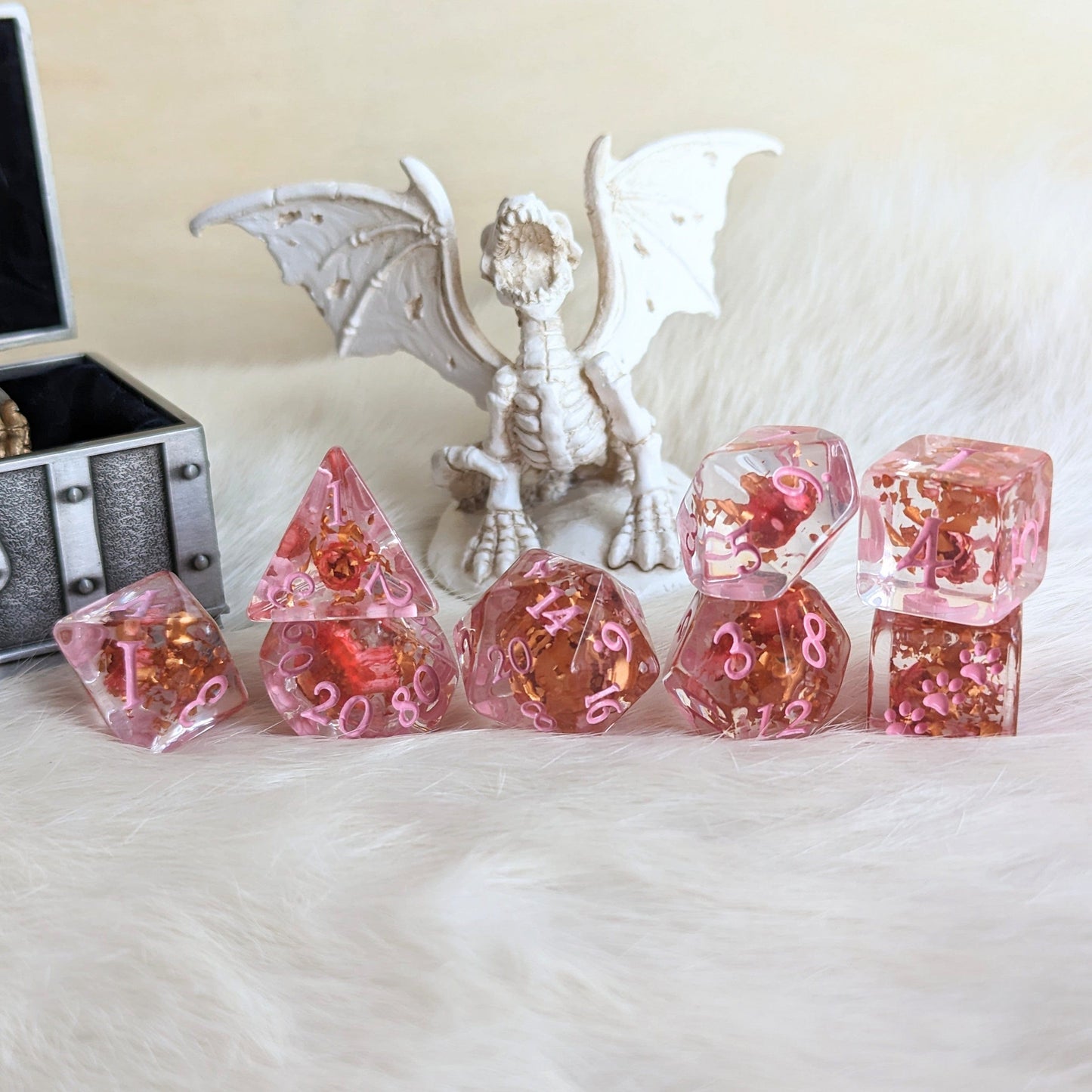 Pink Flowers and Copper 12 and 8 piece DND dice sets Dice sets Fennek and Finch