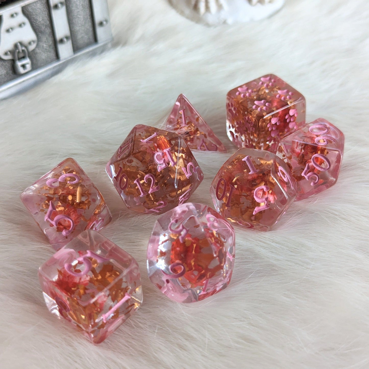Pink Flowers and Copper 12 and 8 piece DND dice sets Dice sets Fennek and Finch