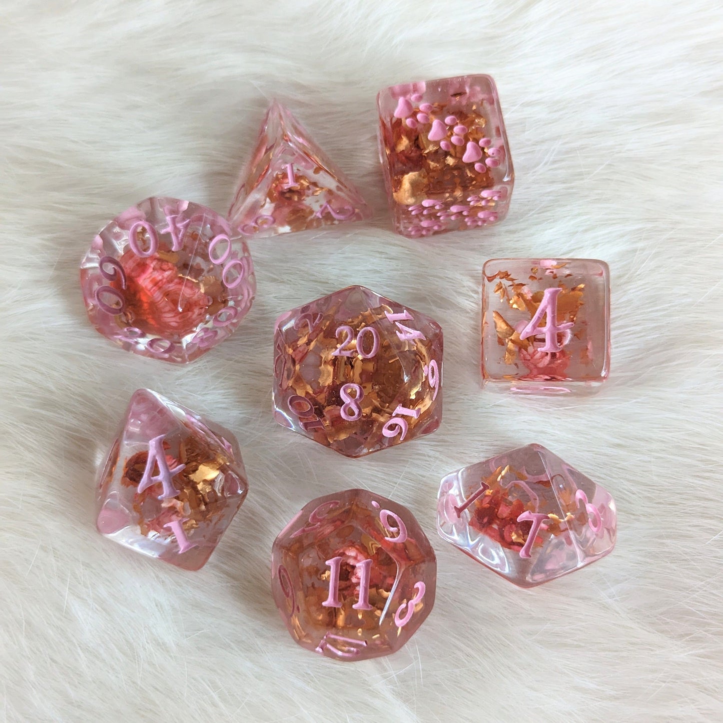Pink Flowers and Copper 12 and 8 piece DND dice sets Dice sets Fennek and Finch 8 Piece set