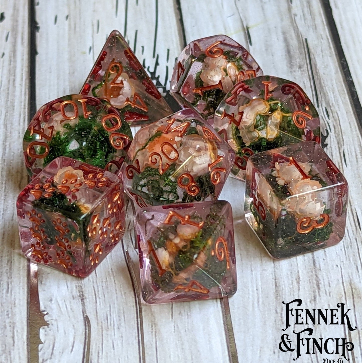 Pink Flowers and Moss DnD Dice Set with real dried flowers, moss, and glittering pink resin, perfect for gamers and collectors.