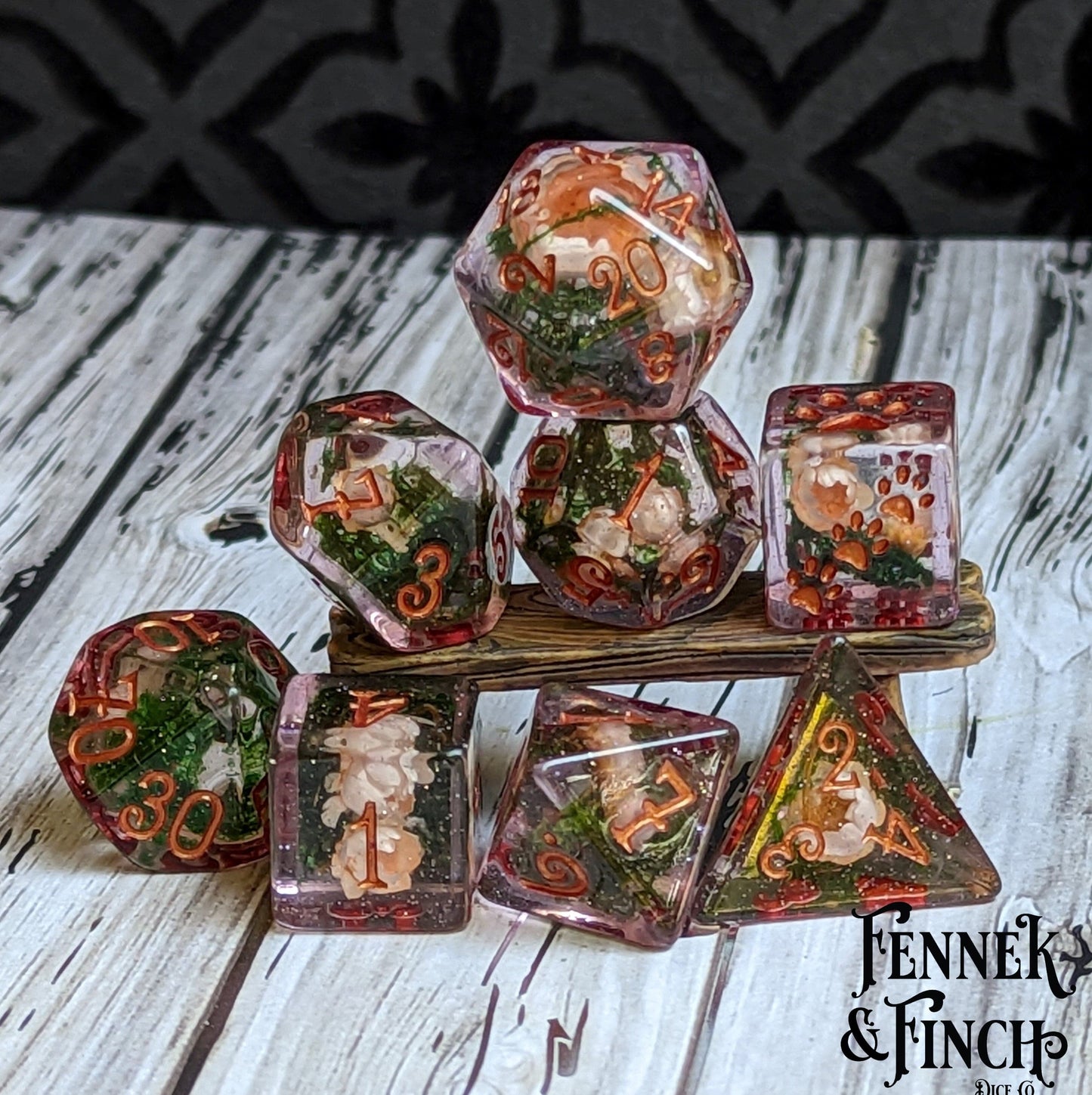 Pink Flowers and Moss DnD Dice Set with real dried flowers in clear glittering resin, perfect for flower lovers or druids.
