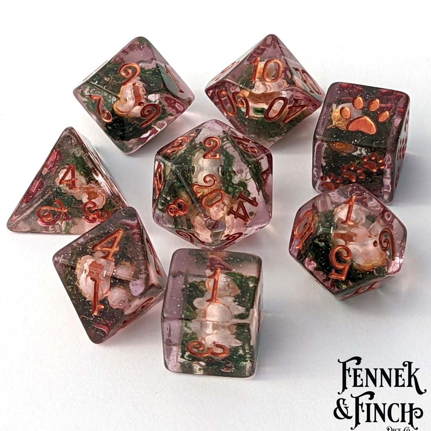Pink Flowers and Moss DnD Dice Set with dried flowers in pink glitter resin, perfect for flower lovers or druid collections.