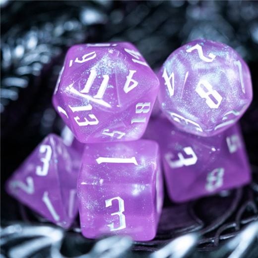 Pink glitter acrylic polyhedral dice set with fantasy font for TTRPG, includes D20, D12, D10, D%, D8, D6, D4, perfect for DnD.