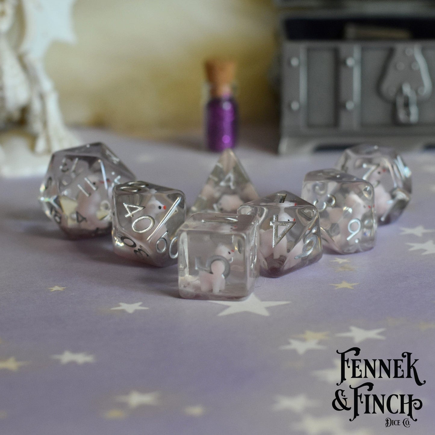 Pink Llama Dice Set with purple resin and little llamas for tabletop role-playing games like Dungeons and Dragons.