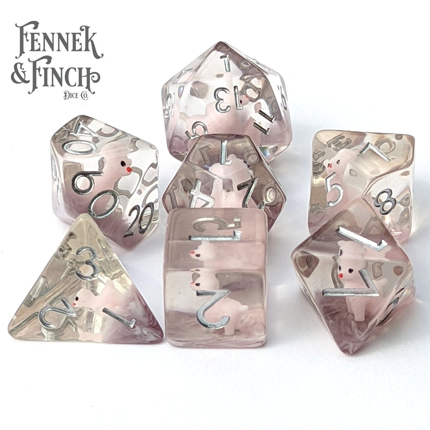 Pink Llama Dice Set with silver numbers for tabletop RPGs, featuring tiny llamas in resin, perfect for Dungeons and Dragons adventures.