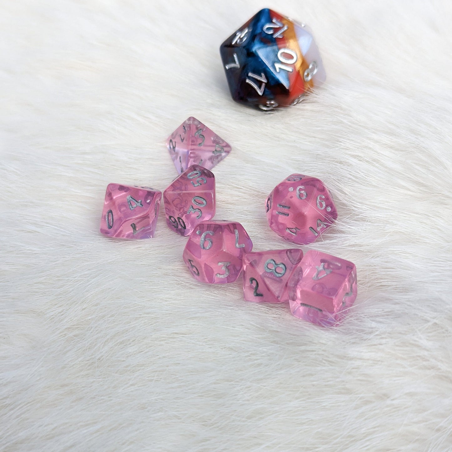 Pink Mini Dice Set. 7 Piece Polyhedral DND Dice