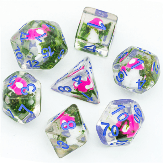 Pink Mushroom and Moss Dice Set, 7 Piece Polyhedral Dice for Dungeons and Dragons Tabletop RPGs with Blue Numbers.