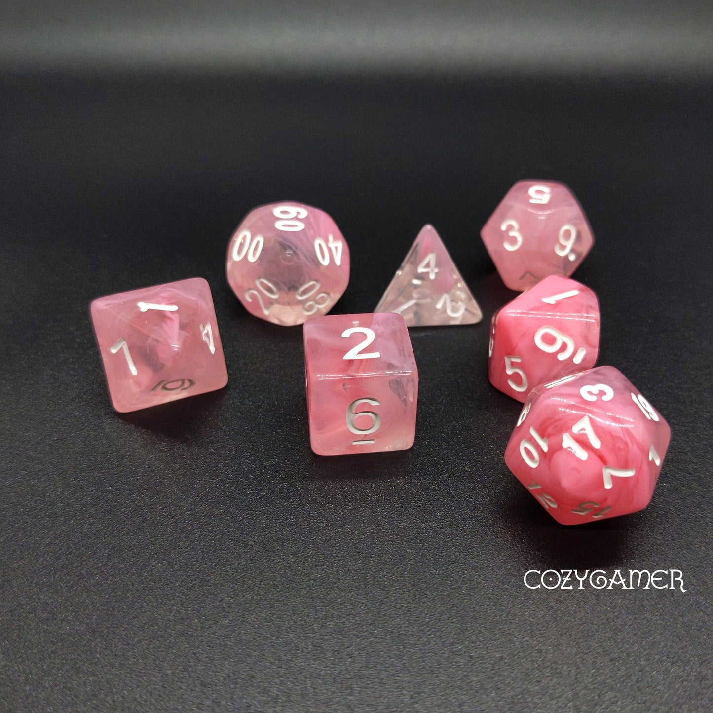 Pink Rose Swirl Dice Set. Glitter TTRPG Dice