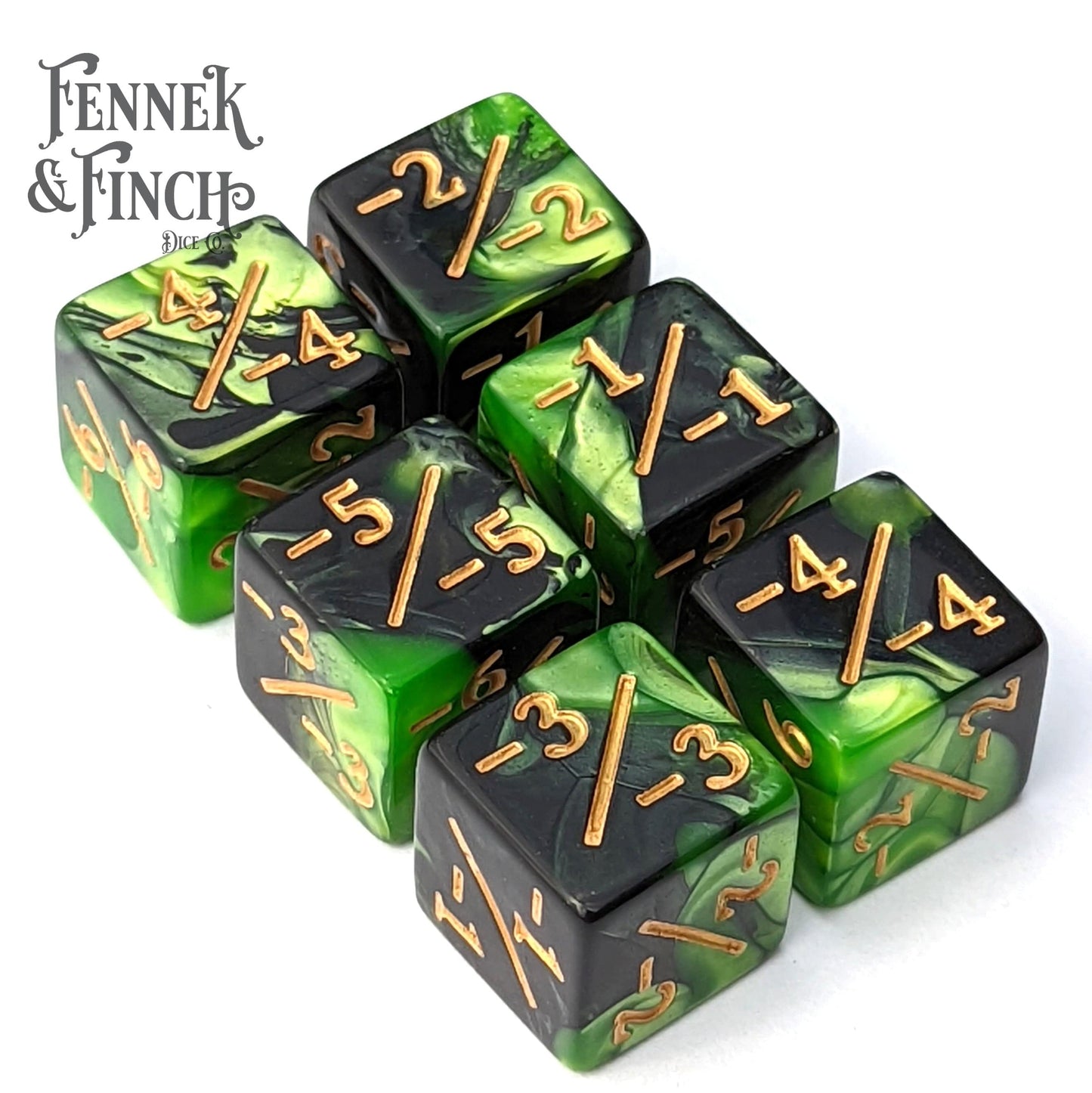 Pearly green and black acrylic negative counter D6 dice set, standard 16mm size with numbers, for tabletop games.