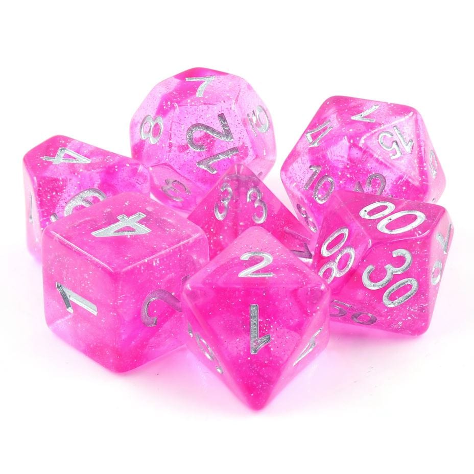 Clear pink glitter Pompadour Dice Set with silver numbers, includes 7 polyhedral pieces for tabletop games like Dungeons and Dragons.