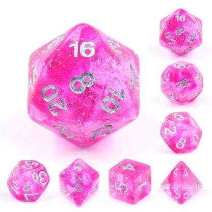 Pompadour Dice Set with clear pink glitter and silver font, 7 polyhedral pieces for tabletop RPGs like Dungeons and Dragons.