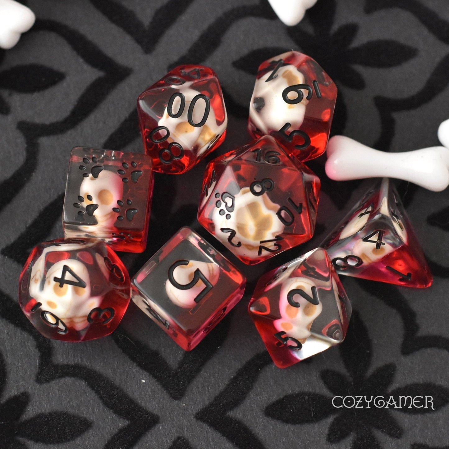 Pool of Blood and Skulls Dice Set. 8 Piece creepy DND dice set Dice sets Fennek and Finch