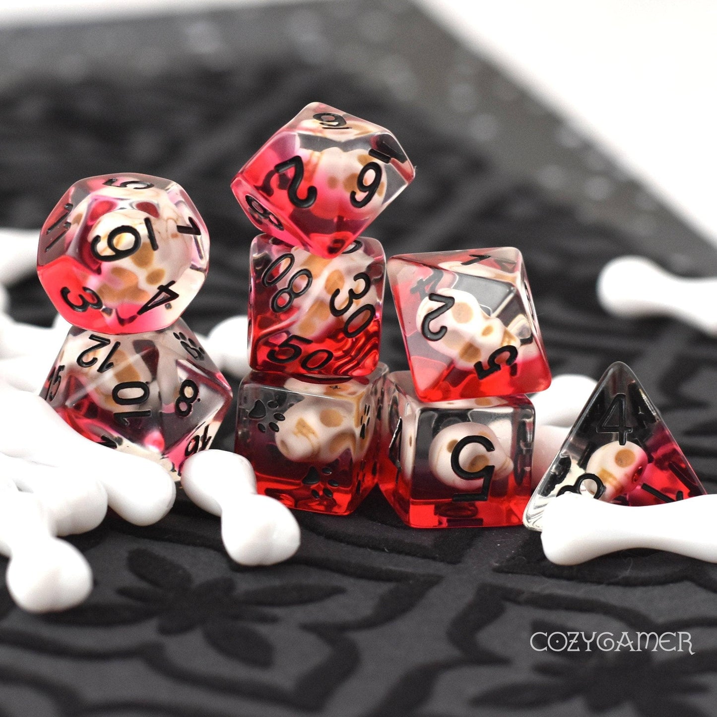 Pool of Blood and Skulls Dice Set. 8 Piece creepy DND dice set Dice sets Fennek and Finch