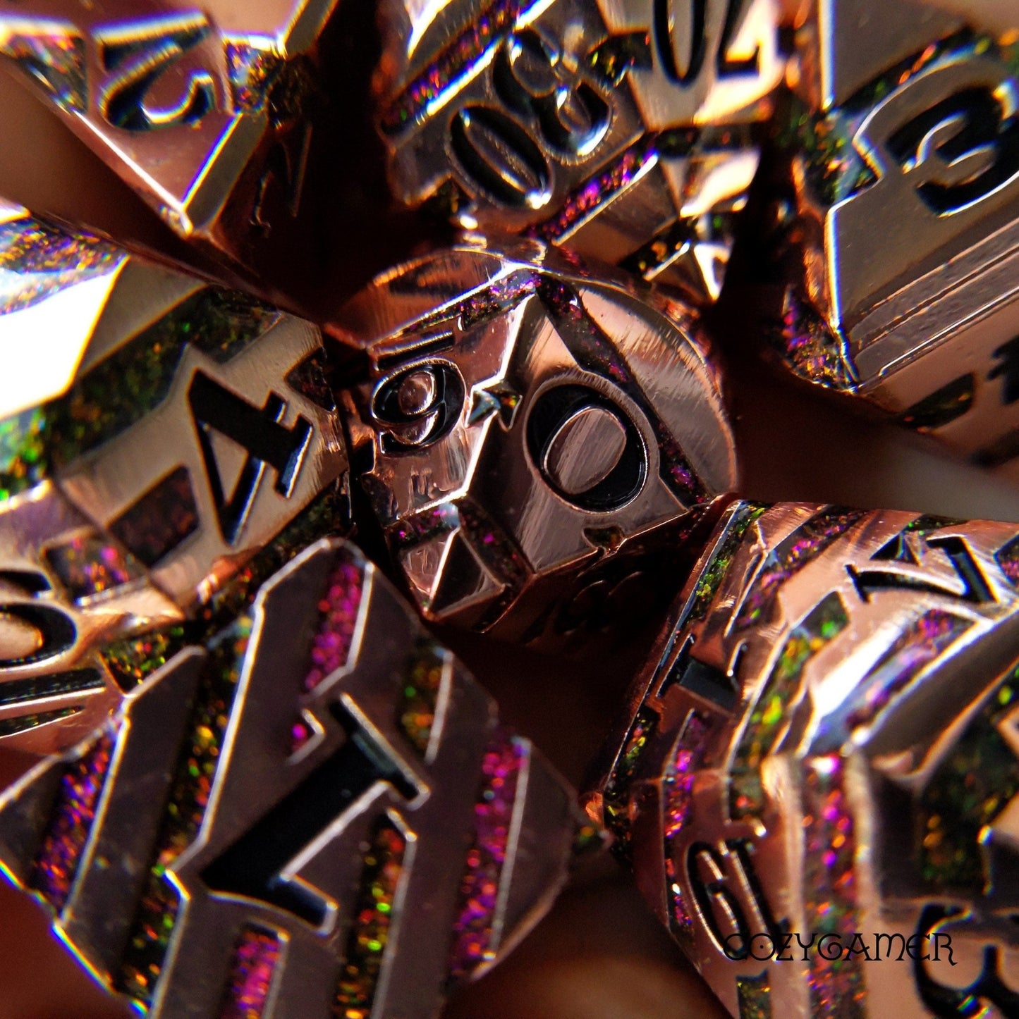 Portal Metal Dice Set – 7-Piece Copper Plated Color Shifting Glitter Gemstone DnD Dice Sets & Games Fennek and Finch Rainbow Garnet