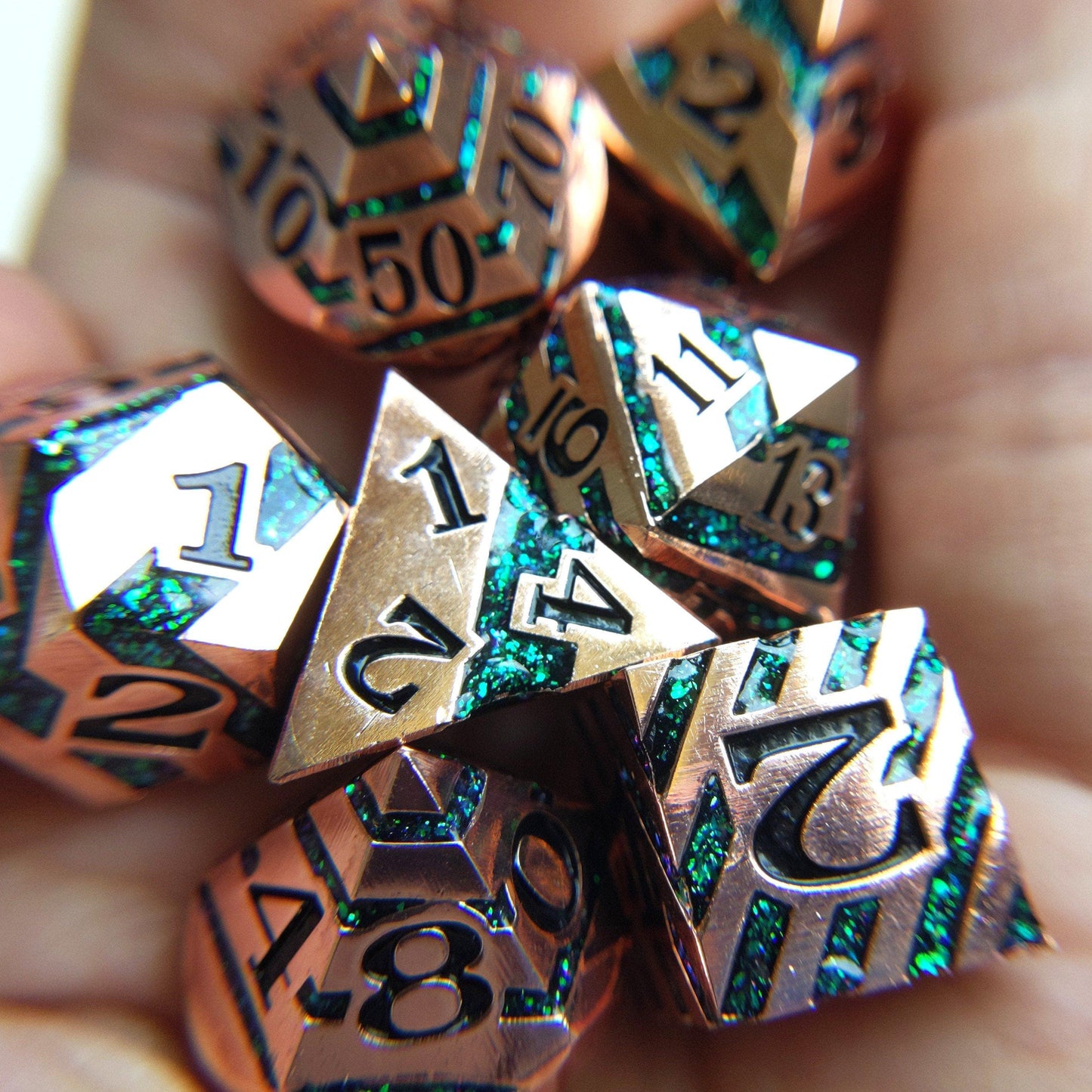 Portal Metal Dice Set. Copper Plated Striped Glitter Dice Dice Sets & Games Fennek and Finch