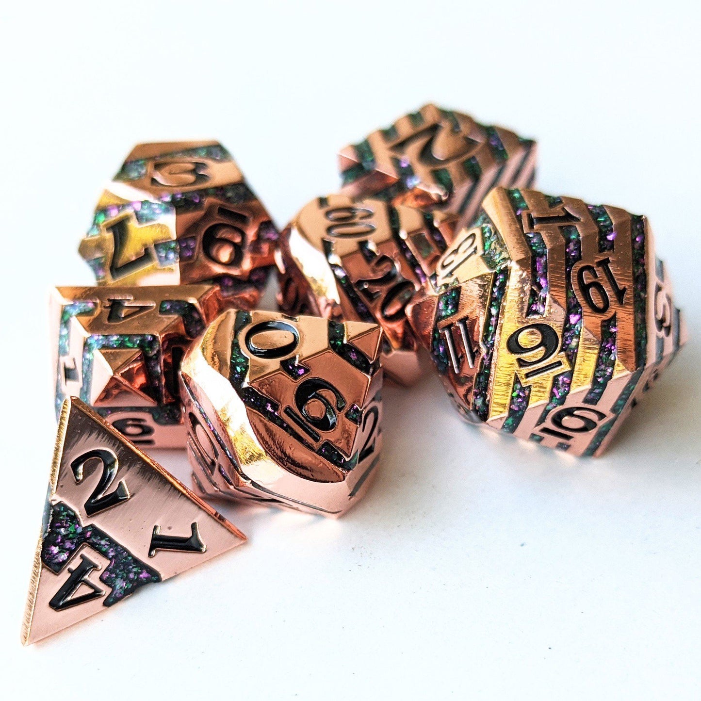 Portal Metal Dice Set. Copper Plated Striped Glitter Dice Dice Sets & Games Fennek and Finch
