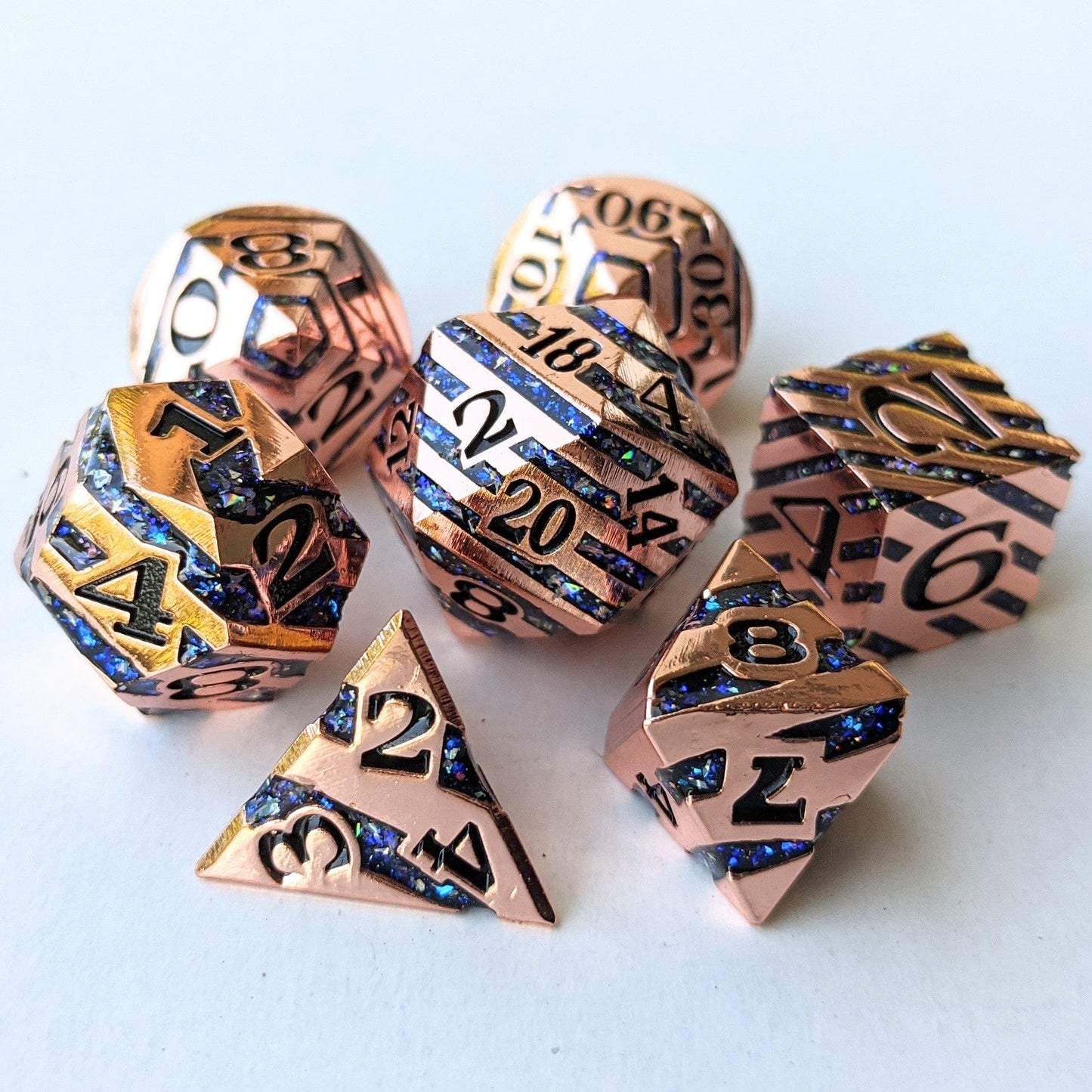 Portal Metal Dice Set. Copper Plated Striped Glitter Dice Dice Sets & Games Fennek and Finch