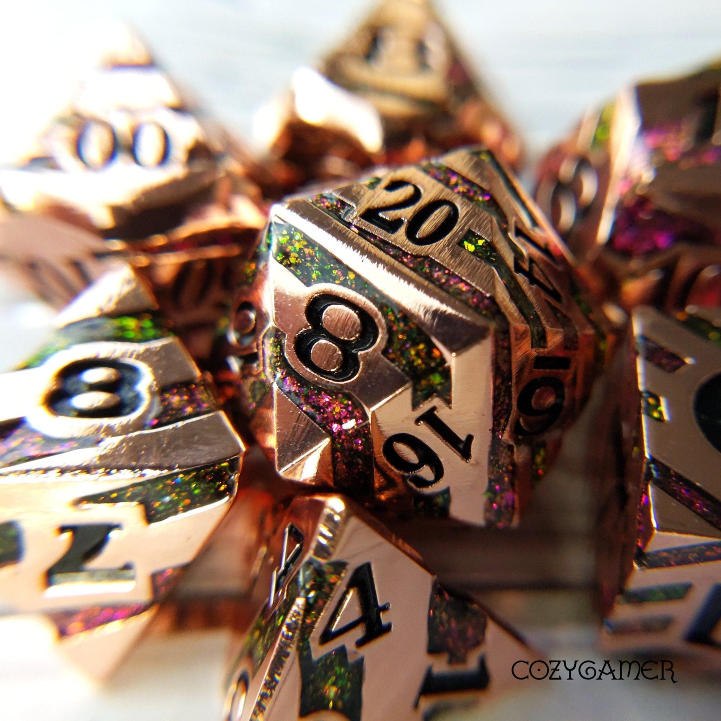 Portal Metal Dice Set. Copper Plated Striped Glitter Dice Dice Sets & Games Fennek and Finch