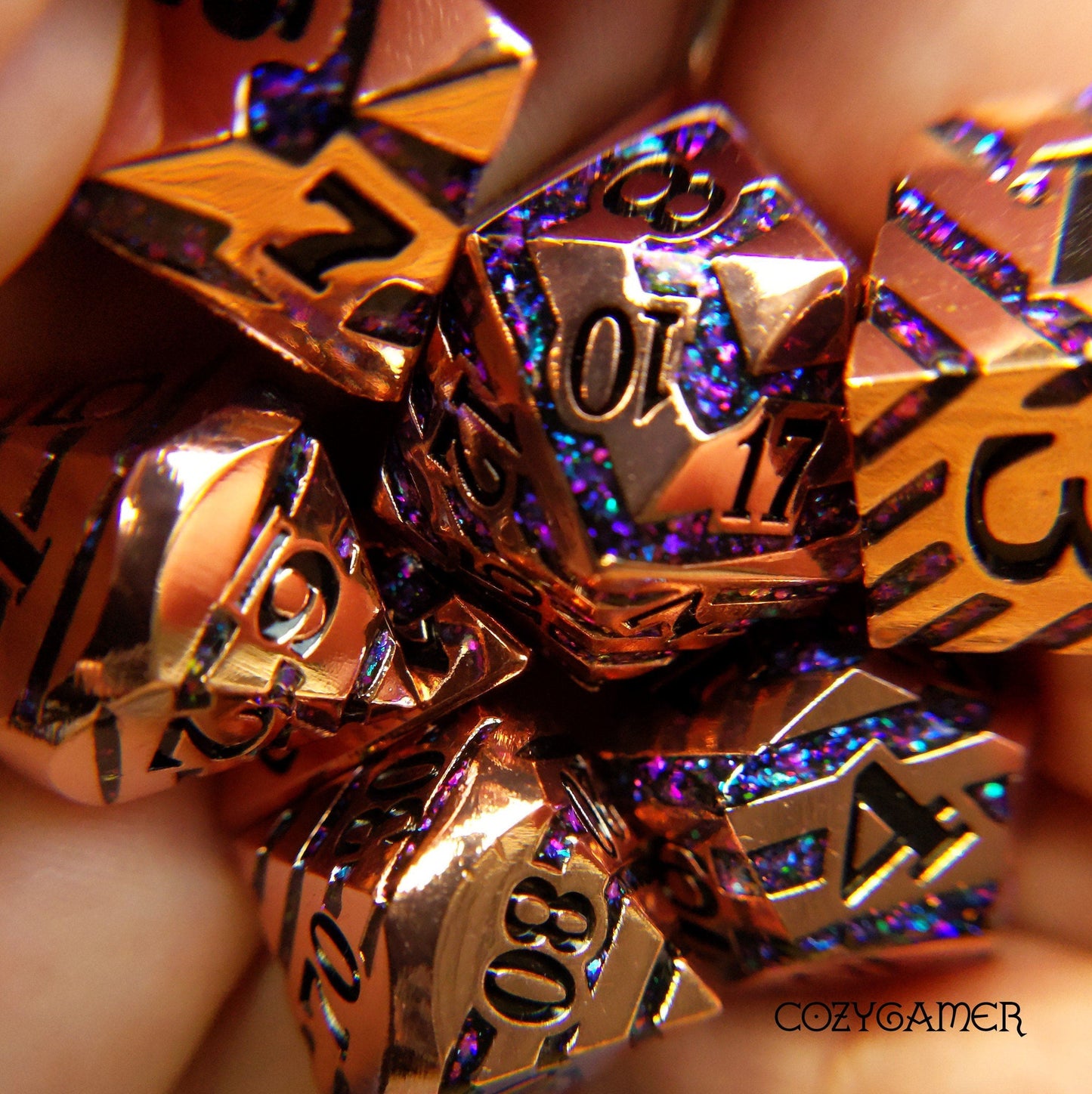 Portal Metal Dice Set. Copper Plated Striped Glitter Dice Dice Sets & Games Fennek and Finch